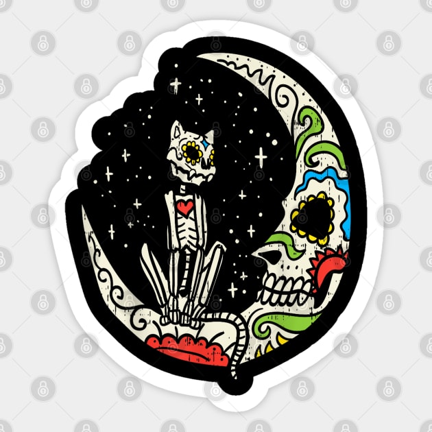 Sugar Skull Moon Cat Mexican Day of Dead Dia De Los Muertos Sticker by rhazi mode plagget